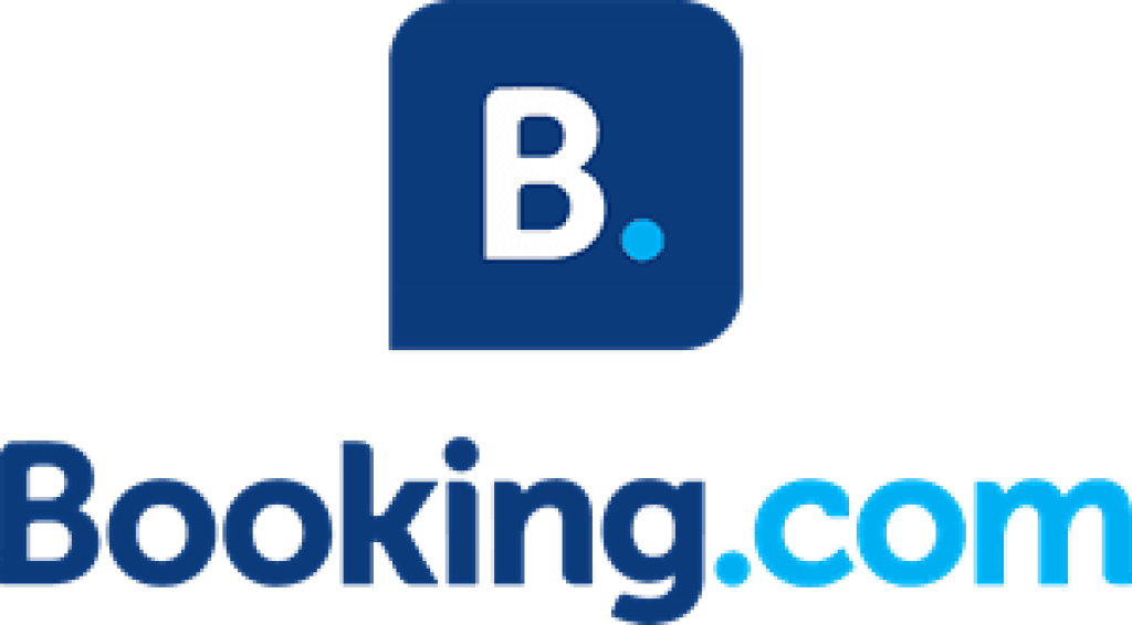 Booking.com logo with white letter B on dark blue square and cyan dot, with text below.