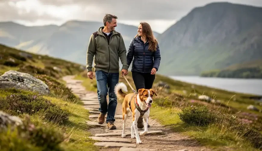 Couple hiking mountain trail with brown and white dog on lead, scenic valley landscape background