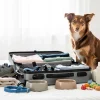 Brown and white dog sitting behind an open suitcase packed with clothes, food bowls, leash, toys, and shoes.