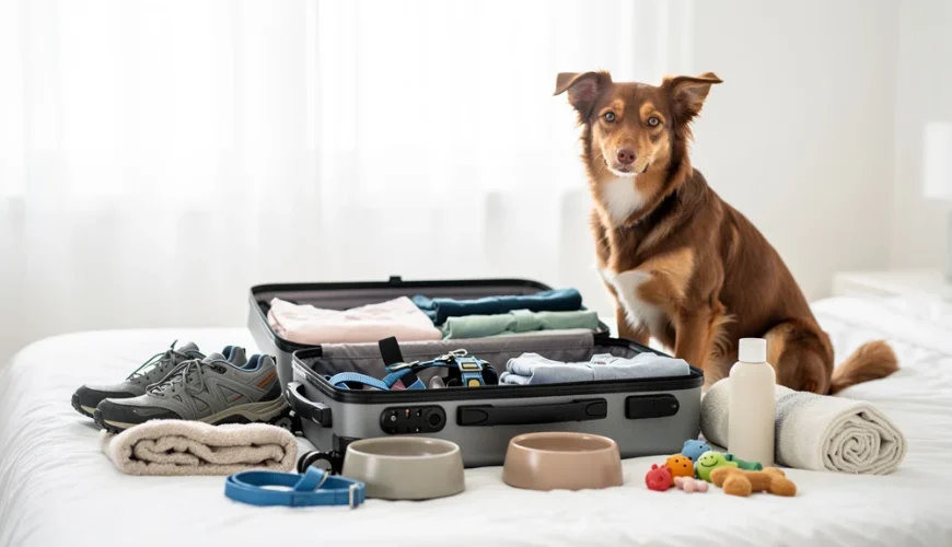 Brown and white dog sitting behind an open suitcase packed with clothes, food bowls, leash, toys, and shoes.