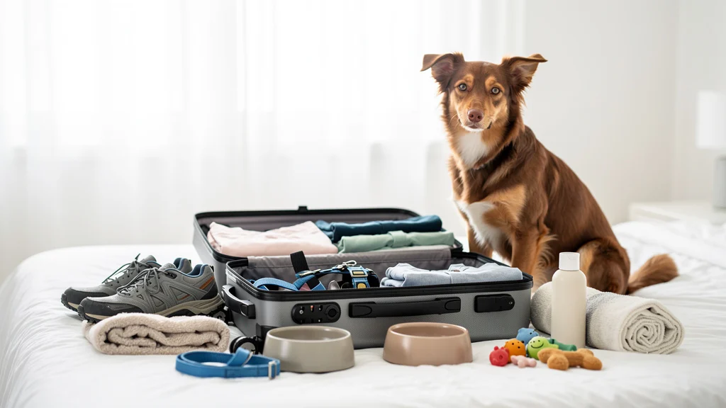 Brown and white dog sitting behind an open suitcase packed with clothes, food bowls, leash, toys, and shoes.