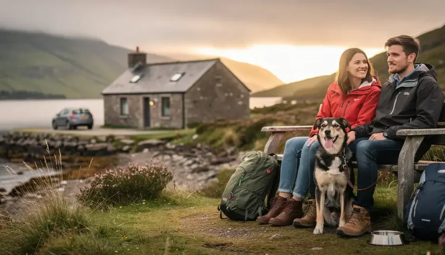 Woman with dog on bench beside remote stone cottage in Scottish highlands landscape