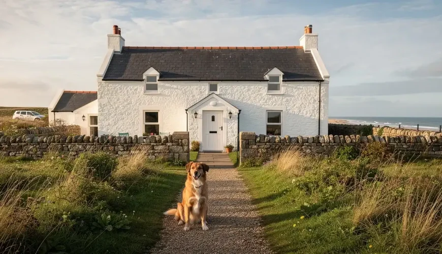 Golden Labrador sitting on gravel path in front of whitewashed cottage with stone walls and dark roof