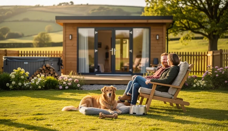 Couple sitting in lawn chairs outside a modern wooden cabin with a golden retriever resting on the grass nearby.