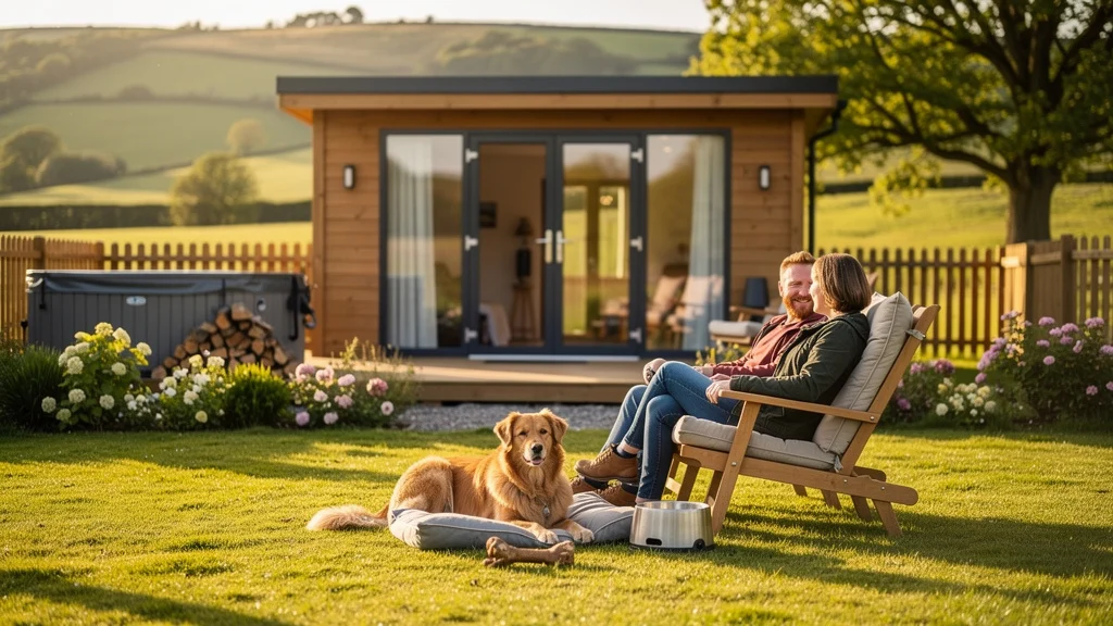 Couple sitting in lawn chairs outside a modern wooden cabin with a golden retriever resting on the grass nearby.