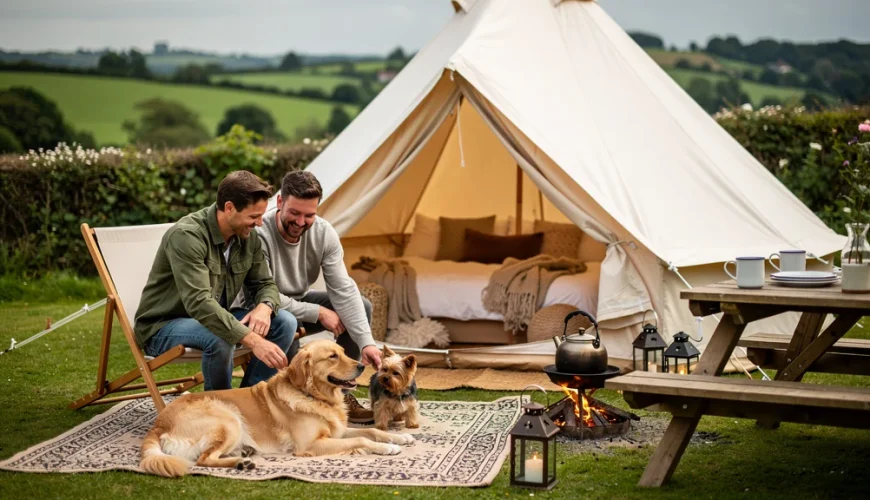 Two men with two dogs sitting outside a white canvas glamping tent in a rural countryside setting.