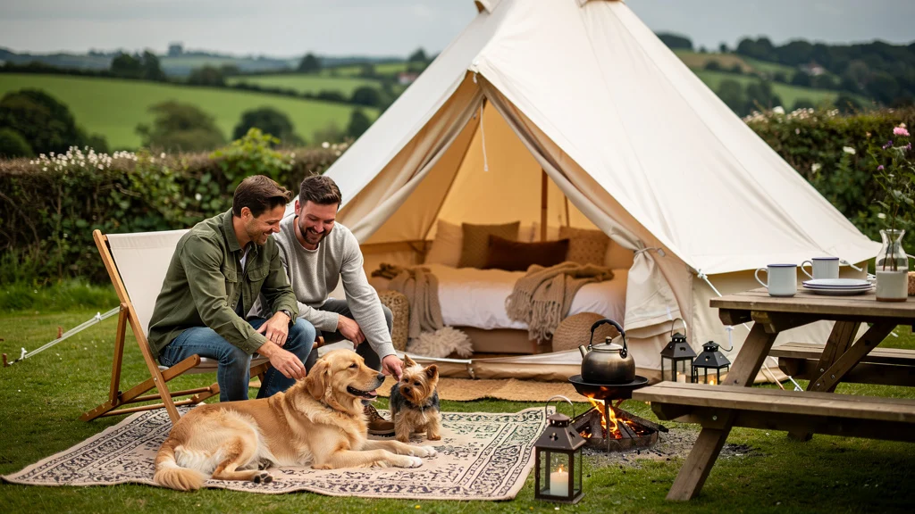 Two men with two dogs sitting outside a white canvas glamping tent in a rural countryside setting.