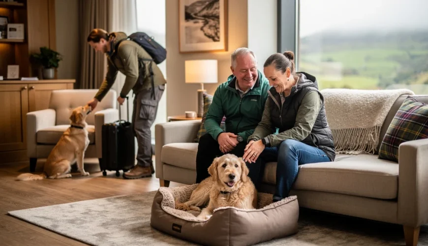 A couple pets a golden retriever in a dog bed while other guests arrive at a modern hotel room.