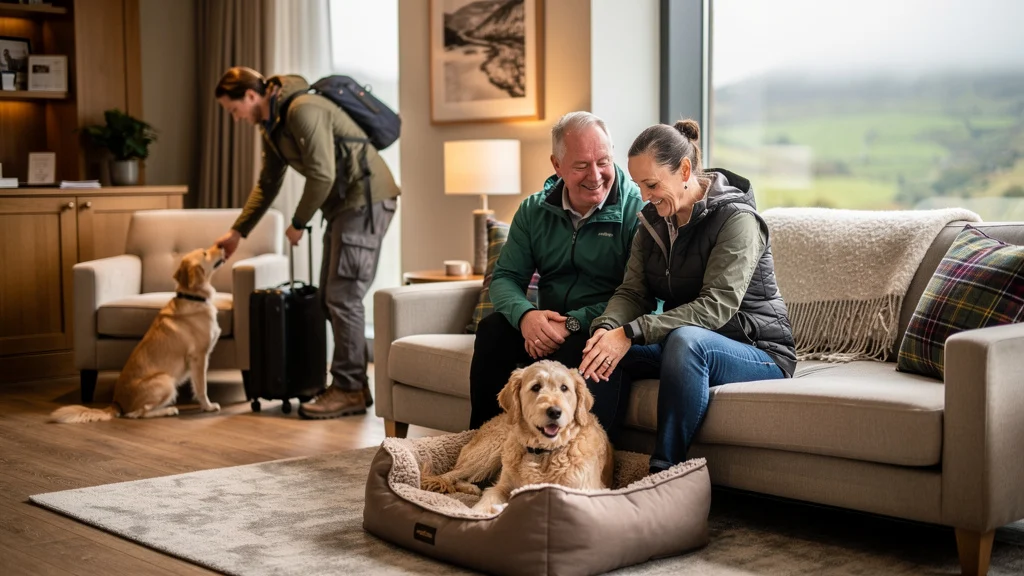 A couple pets a golden retriever in a dog bed while other guests arrive at a modern hotel room.