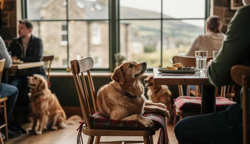 Golden Labrador sitting on a wooden chair with plaid cushion at a dining table with a countryside view through large windows.