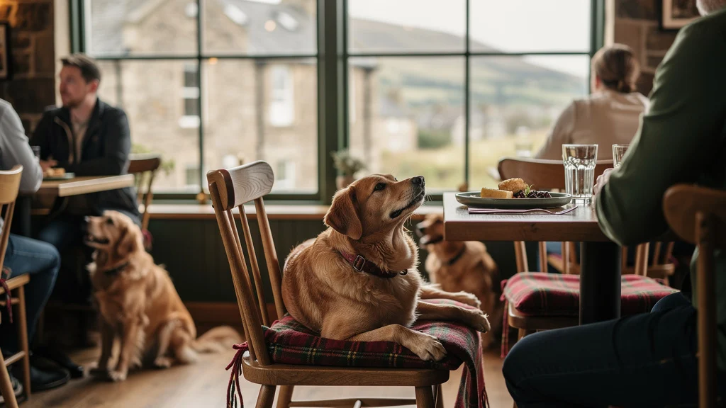 Golden Labrador sitting on a wooden chair with plaid cushion at a dining table with a countryside view through large windows.